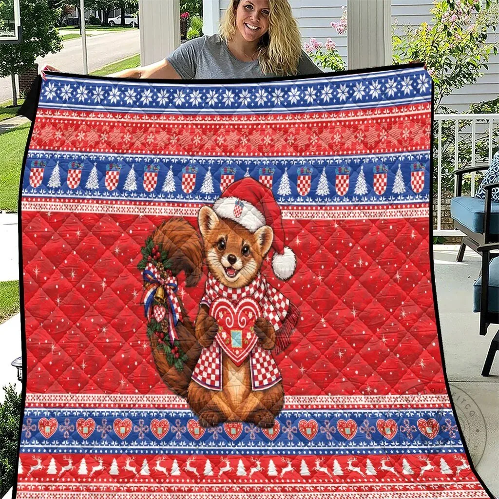 Croatian Christmas Squirrel Quilted Blanket with Licitar Heart Design