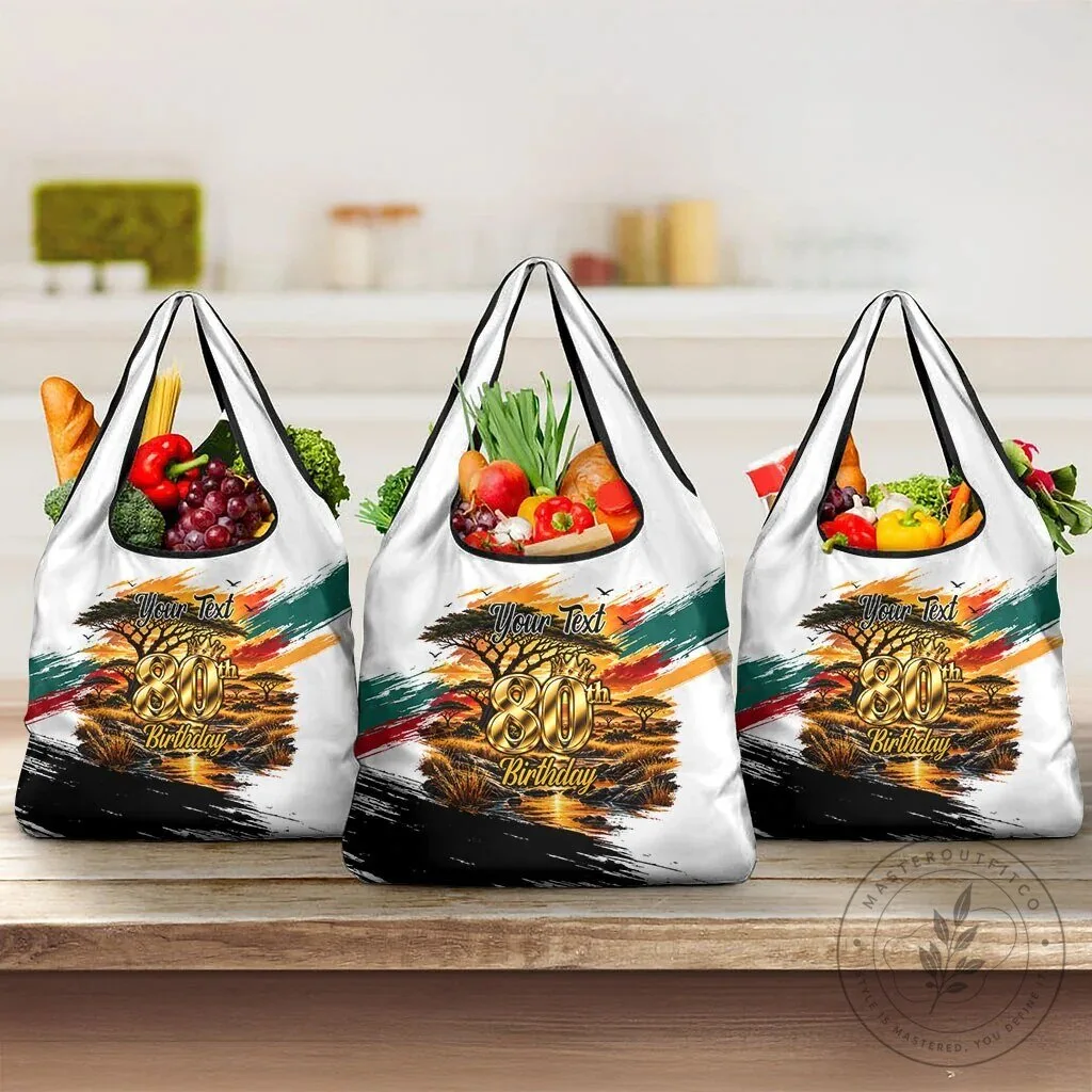 Personalized 80th Birthday African Safari Sunset Savanna Landscape Reusable Grocery Bag 12 Personalized 80th Birthday African Safari Sunset Savanna Landscape Reusable Grocery Bag