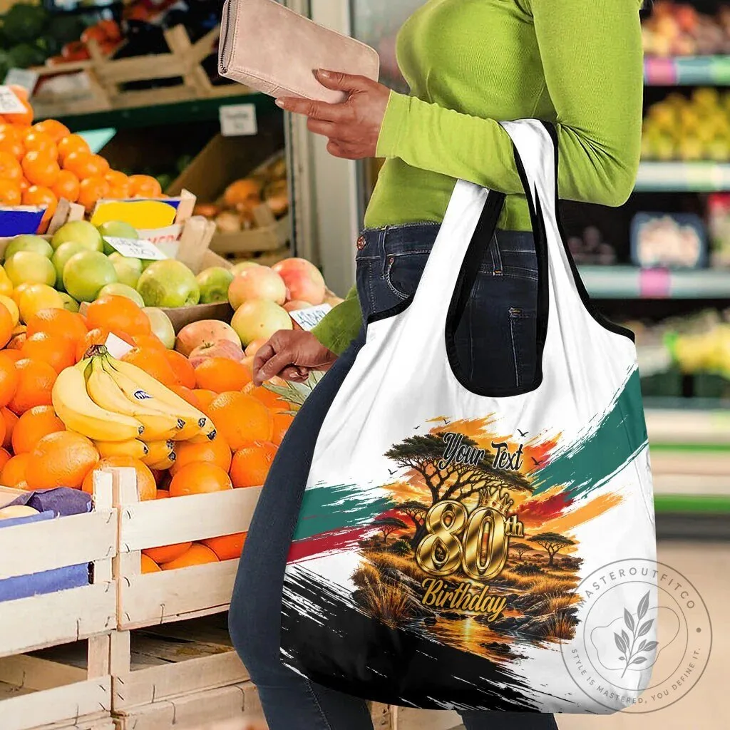 Personalized 80th Birthday African Safari Sunset Savanna Landscape Reusable Grocery Bag 14 Personalized 80th Birthday African Safari Sunset Savanna Landscape Reusable Grocery Bag