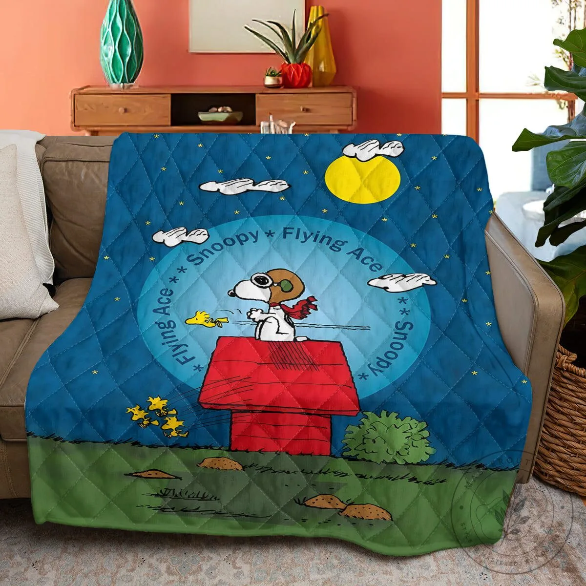 Quilted Blanket Featuring Peanuts' Snoopy as the Flying Ace Cartoon Character