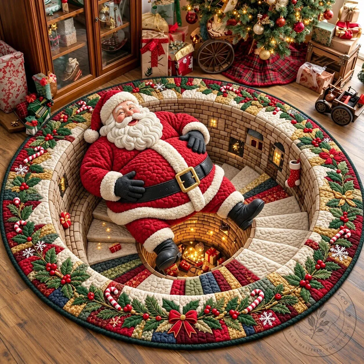 Jolly Santa Claus Christmas Spiral Quilted Round Floor Mat 3 Jolly Santa Claus Christmas Spiral Quilted Round Floor Mat