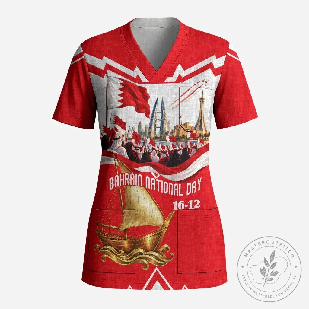 Bahrain National Day Celebration Flag Emblem Vintage Collage Scrub Top