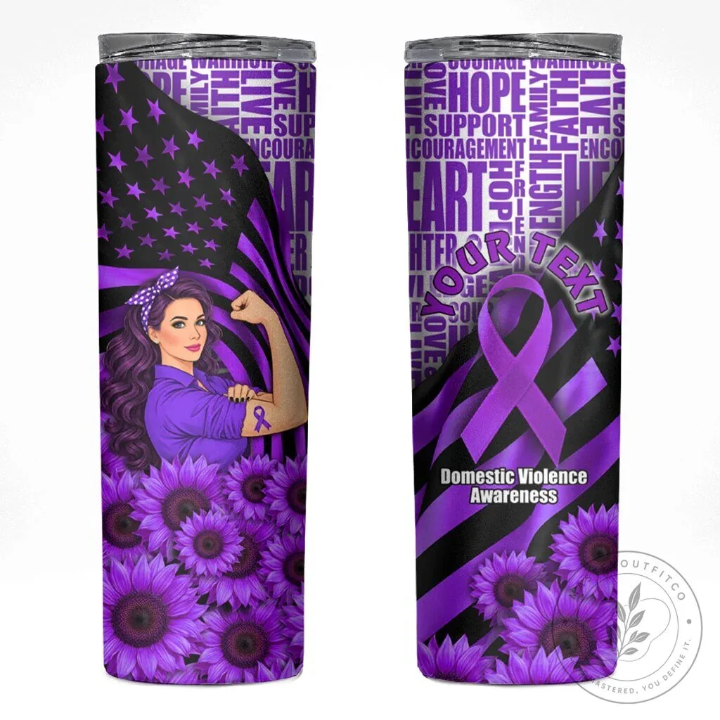 Domestic Violence Awareness Purple Ribbon Strong Woman Sunflower American Flag Tumbler
