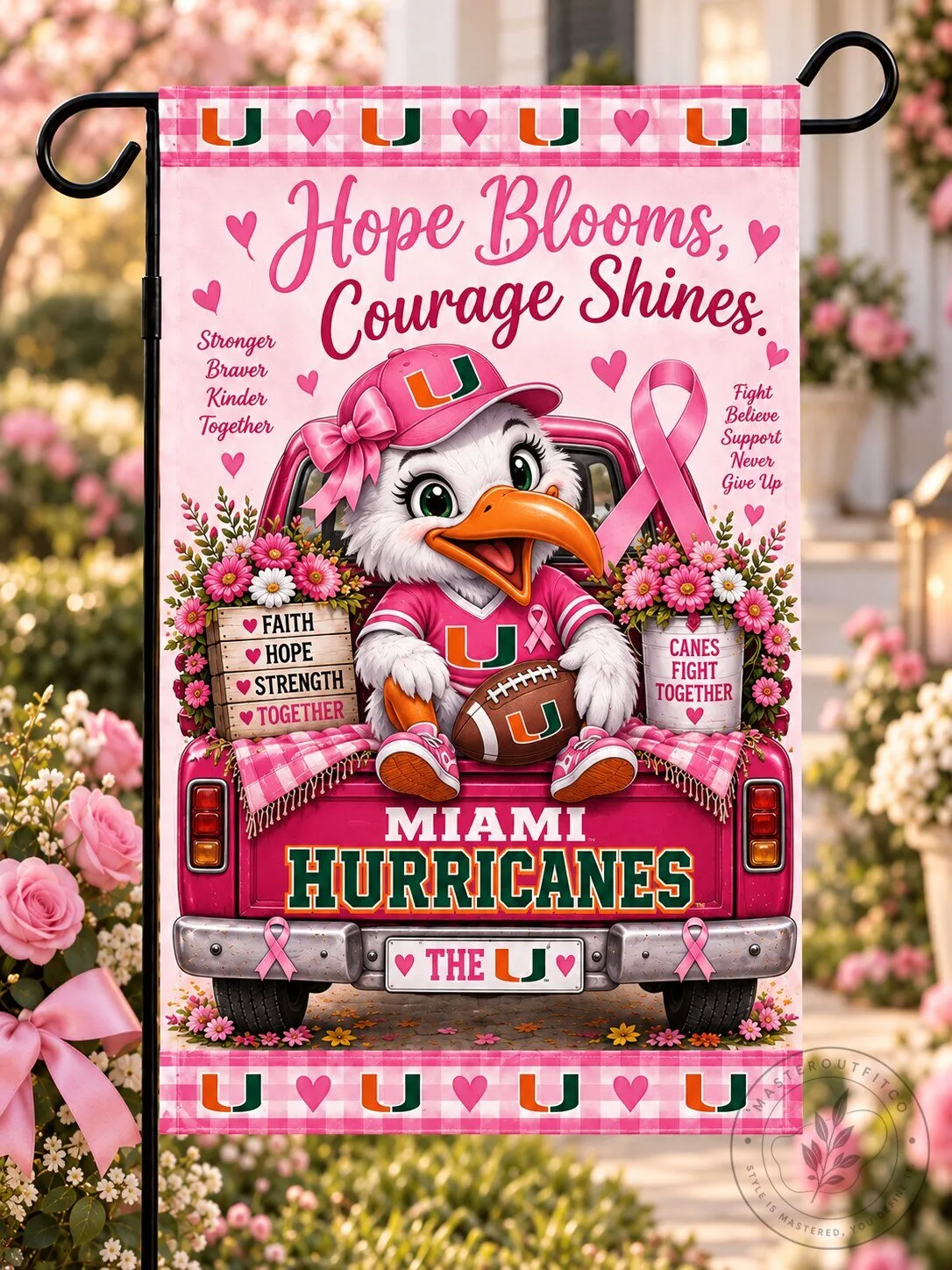 Miami Hurricanes Breast Cancer Awareness Hope Blooms Courage Shines Flag
