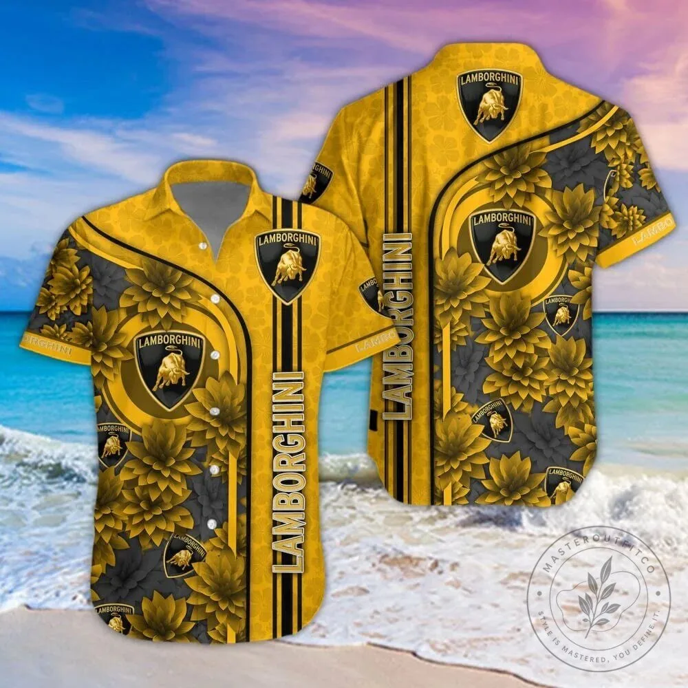 Lamborghini Yellow Floral Pattern Summer Beach Hawaiian Shirt for Men