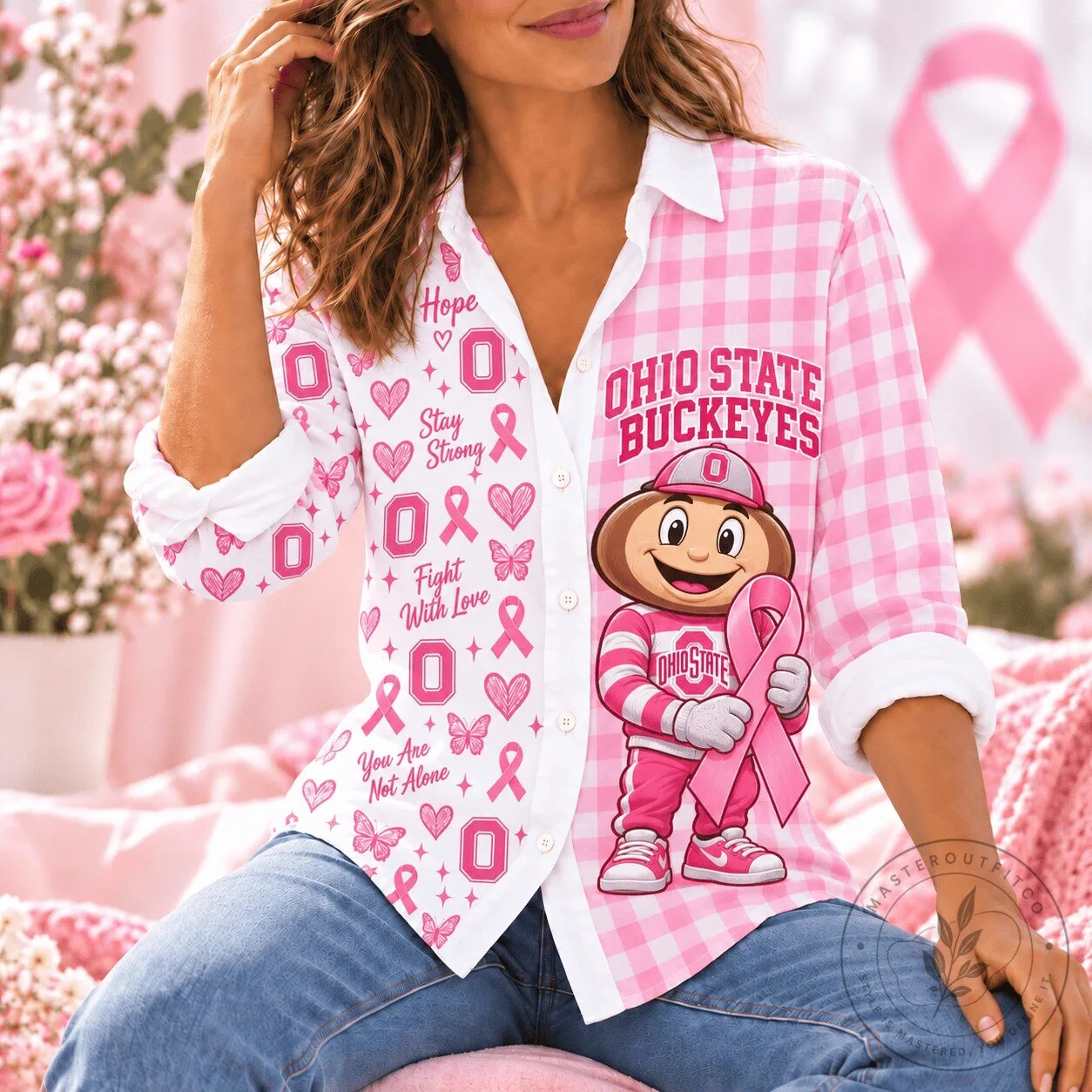 Ohio State Buckeyes Breast Cancer Awareness Pink Gingham Button-Up Shirt 2 Ohio State Buckeyes Breast Cancer Awareness Pink Gingham Button-Up Shirt