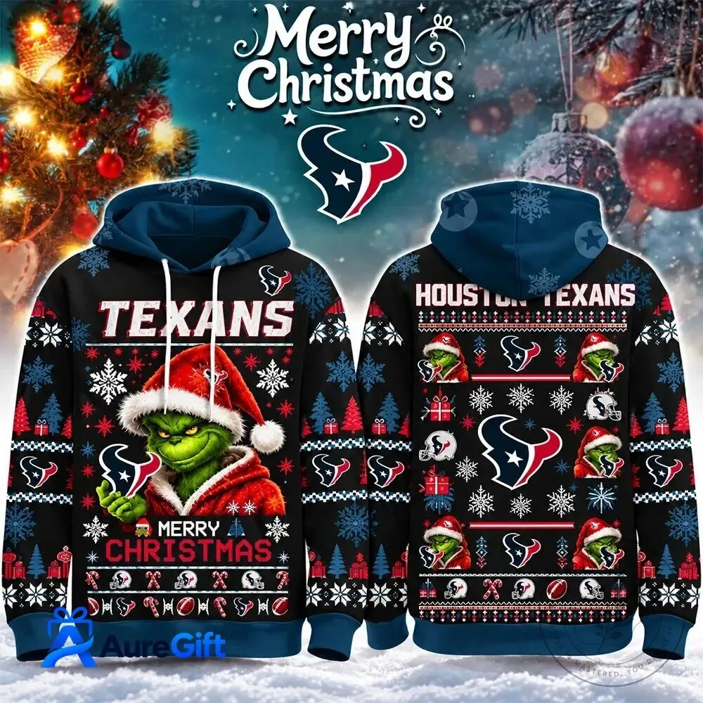 Ugly Christmas Hoodie Sweater with Grinch Design for Houston Texans Fans