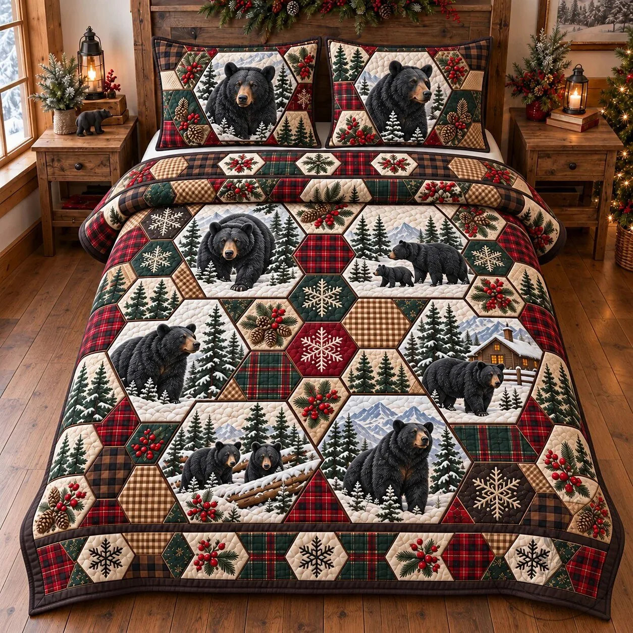 Rustic Black Bear Forest Patchwork Quilted Bedding Set with Pillow Shams