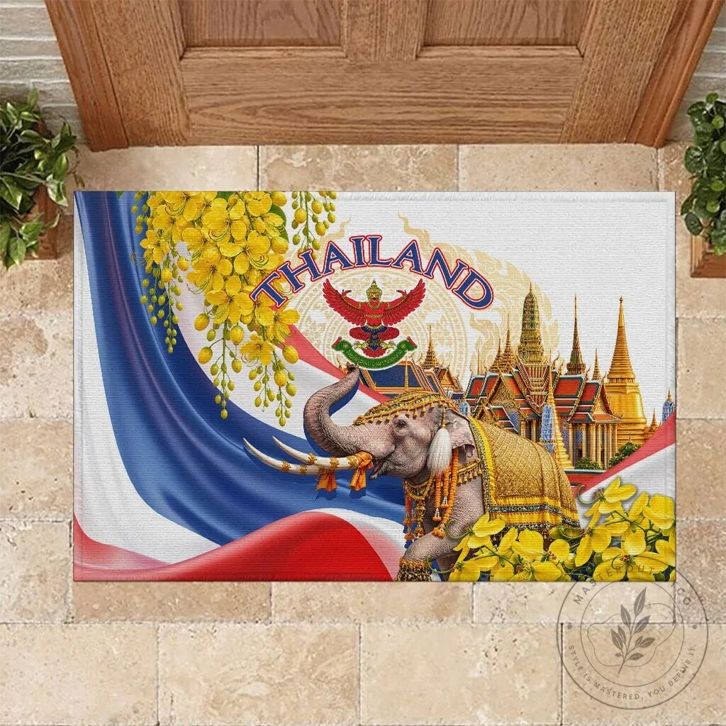 Thailand Flag Golden Elephant and Temple Design Welcome Doormat