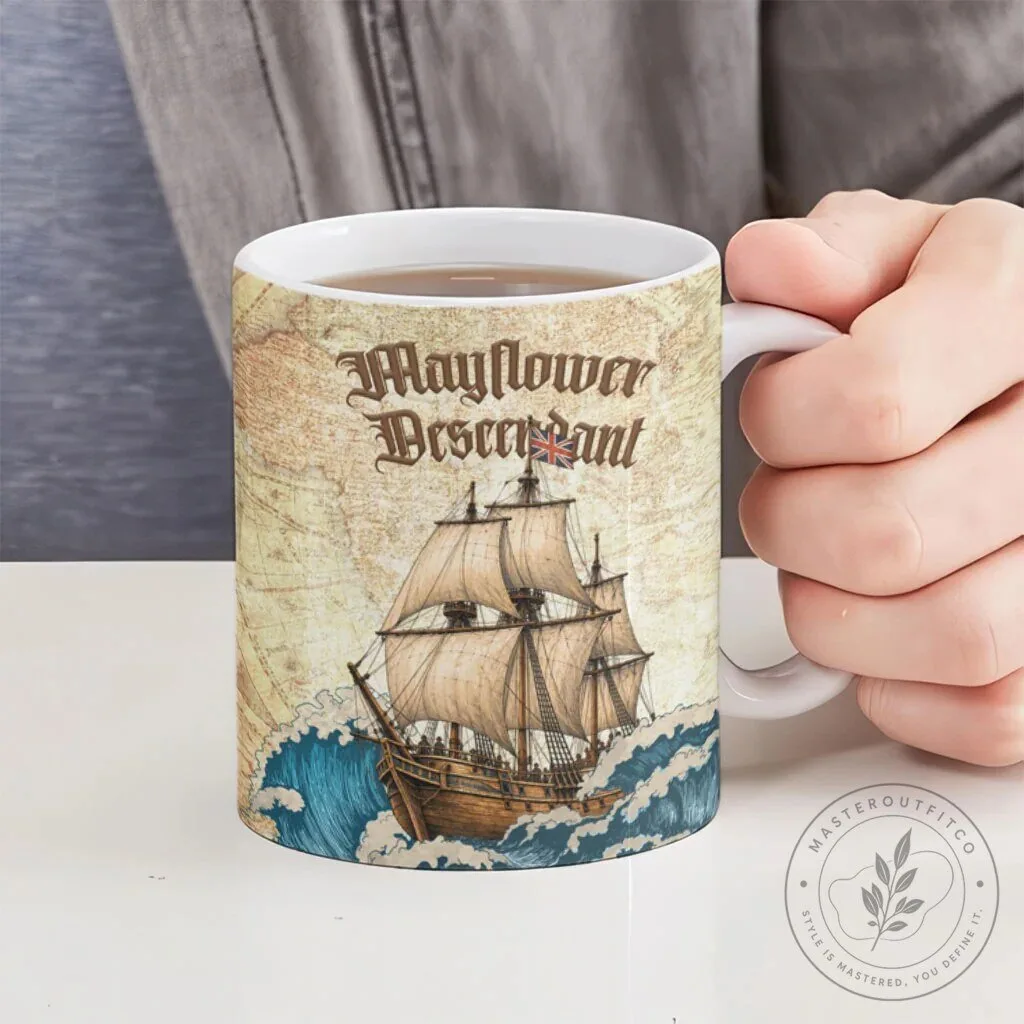 Vintage Mayflower Descendant Ship Ceramic Coffee Mug with Nautical Map Design 12 Vintage Mayflower Descendant Ship Ceramic Coffee Mug with Nautical Map Design