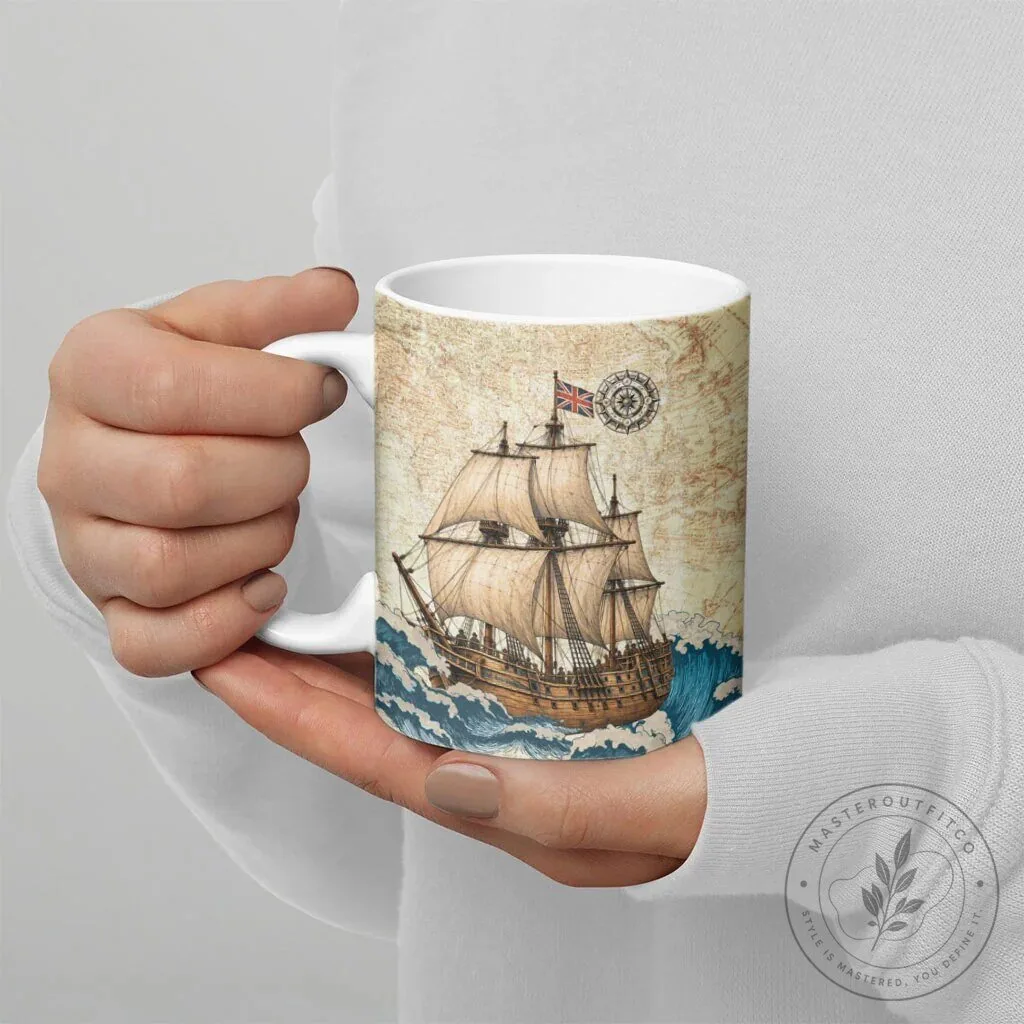 Vintage Mayflower Descendant Ship Ceramic Coffee Mug with Nautical Map Design 13 Vintage Mayflower Descendant Ship Ceramic Coffee Mug with Nautical Map Design