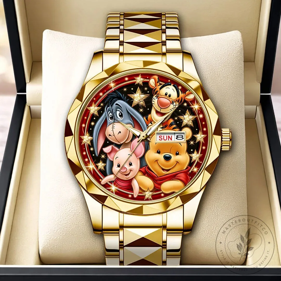 Luxury Quartz Watch with Gold Tone Featuring Winnie the Pooh and Friends