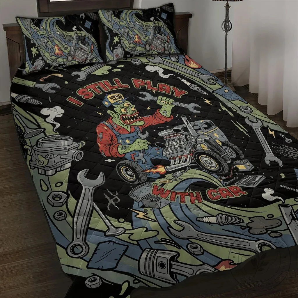 Zombie Mechanic Monster Motors Hot Rod Car Tools Vintage Quilt Bedding Set
