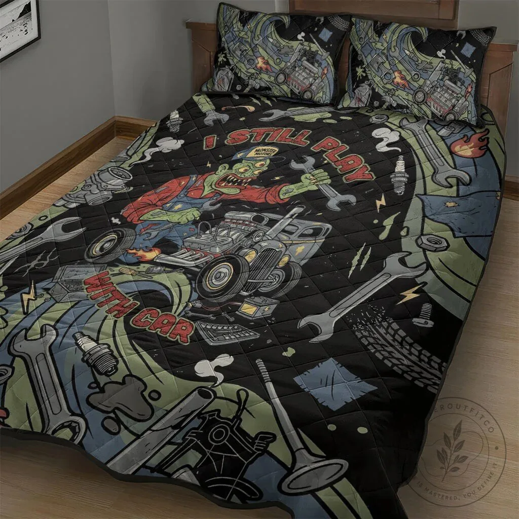 Zombie Mechanic Monster Motors Hot Rod Car Tools Vintage Quilt Bedding Set 11 Zombie Mechanic Monster Motors Hot Rod Car Tools Vintage Quilt Bedding Set