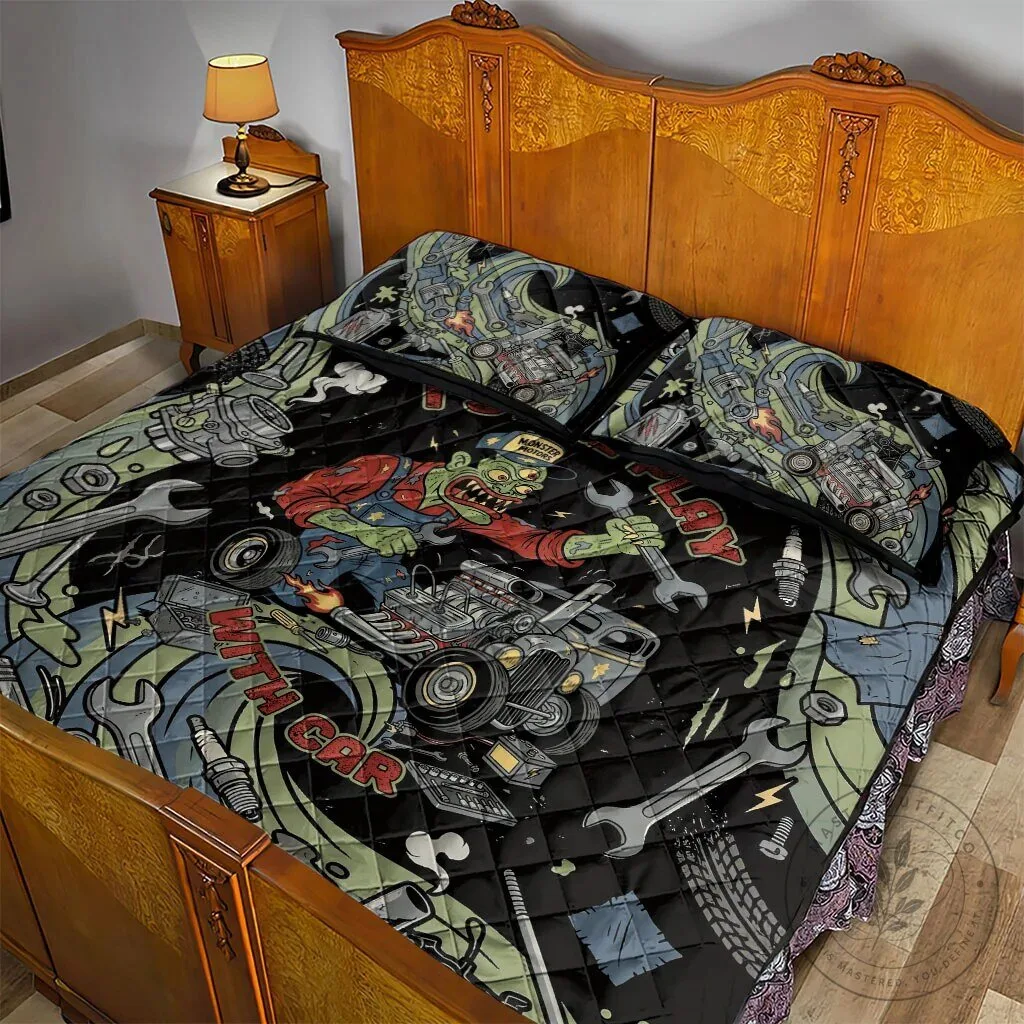 Zombie Mechanic Monster Motors Hot Rod Car Tools Vintage Quilt Bedding Set 12 Zombie Mechanic Monster Motors Hot Rod Car Tools Vintage Quilt Bedding Set