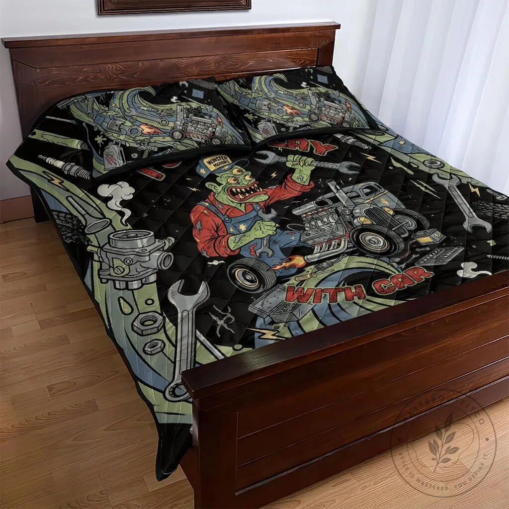 Zombie Mechanic Monster Motors Hot Rod Car Tools Vintage Quilt Bedding Set 13 Zombie Mechanic Monster Motors Hot Rod Car Tools Vintage Quilt Bedding Set
