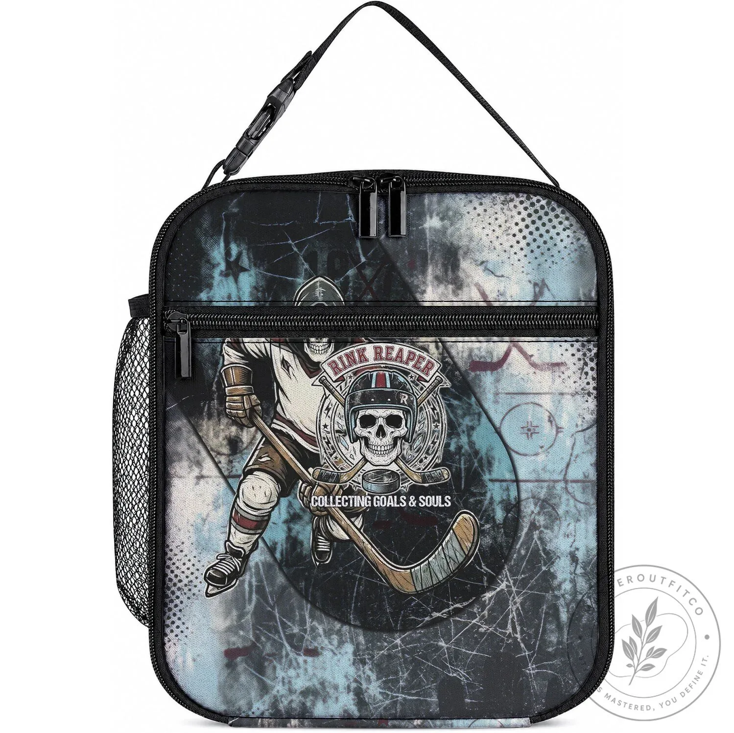 Ice Hockey Rink Reaper Skeleton Player Lunch Bag with Skull and Hockey Sticks