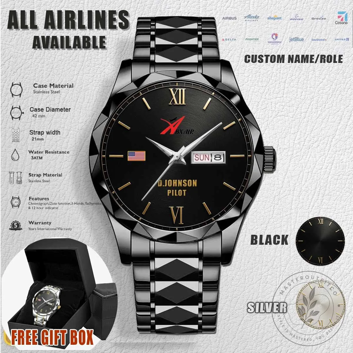 ABX Air Pilot Custom Name Stainless Steel Watch with Date Display
