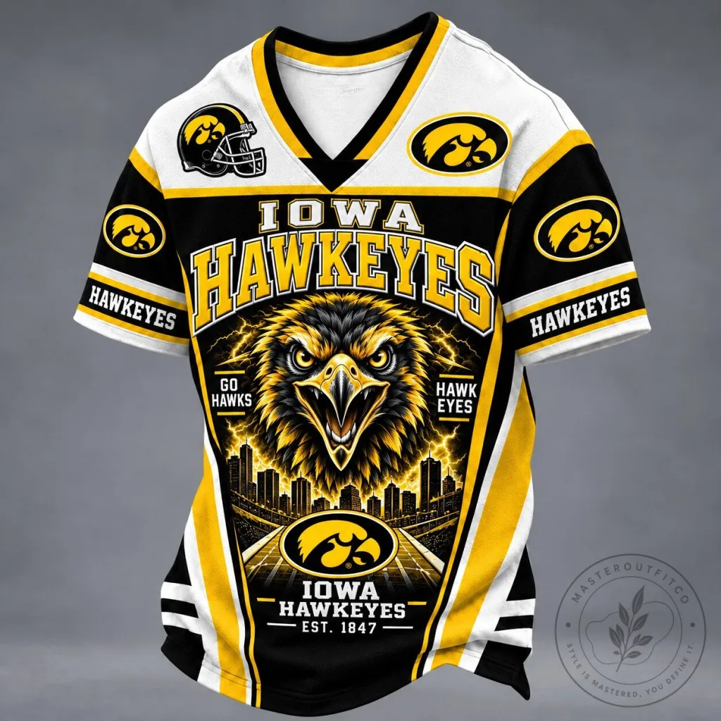 Iowa Hawkeyes Football Team Mascot Spirit V-Neck Short Sleeve Jersey Iowa Hawkeyes Football Team Mascot Spirit V-Neck Short Sleeve Jersey