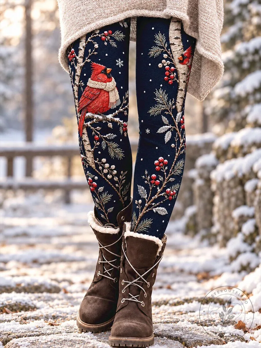 Winter Cardinal Bird and Berries Snow Pattern Women's Leggings