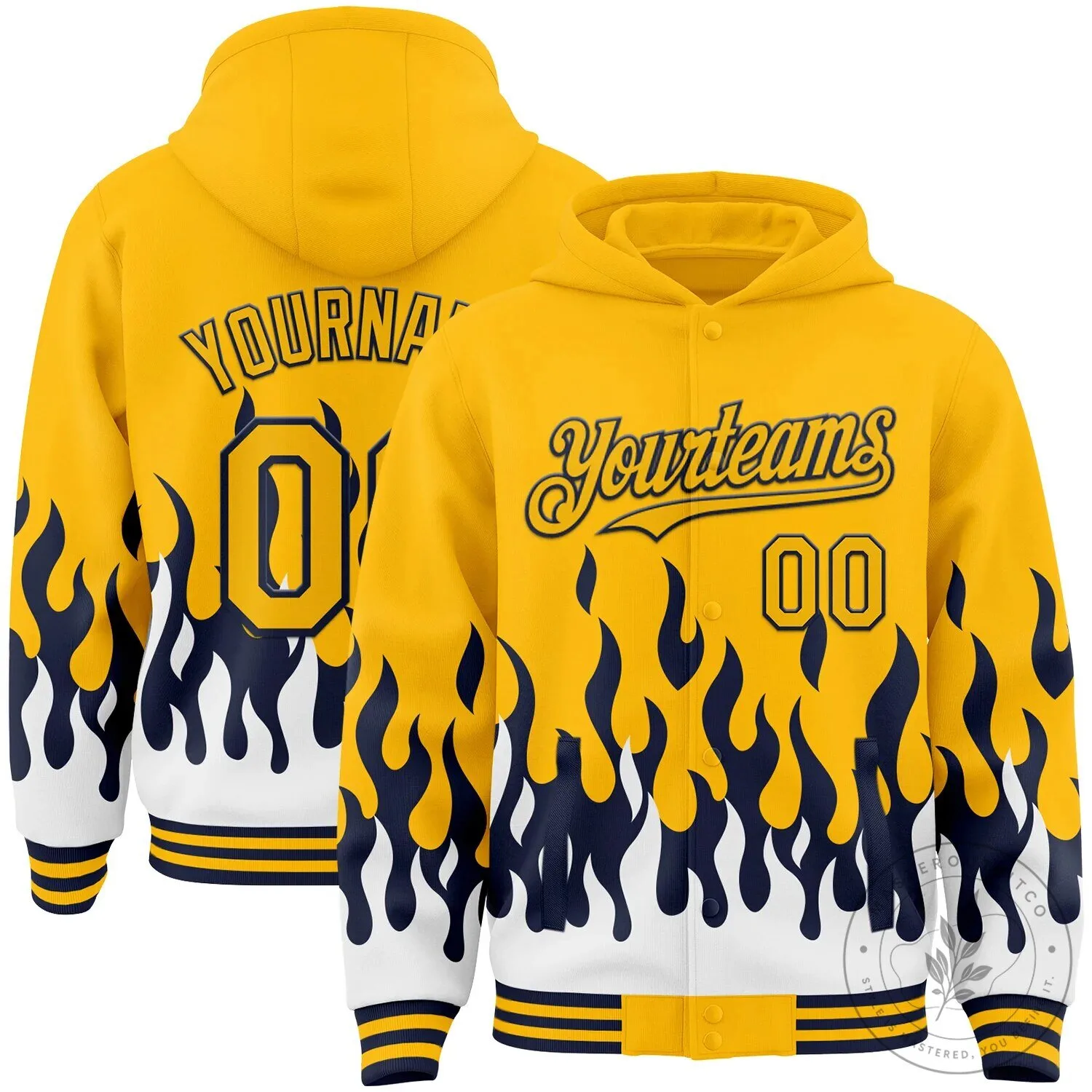 Custom Gold Navy Blue White Flame Full-Snap Varsity Letterman Hoodie Jacket