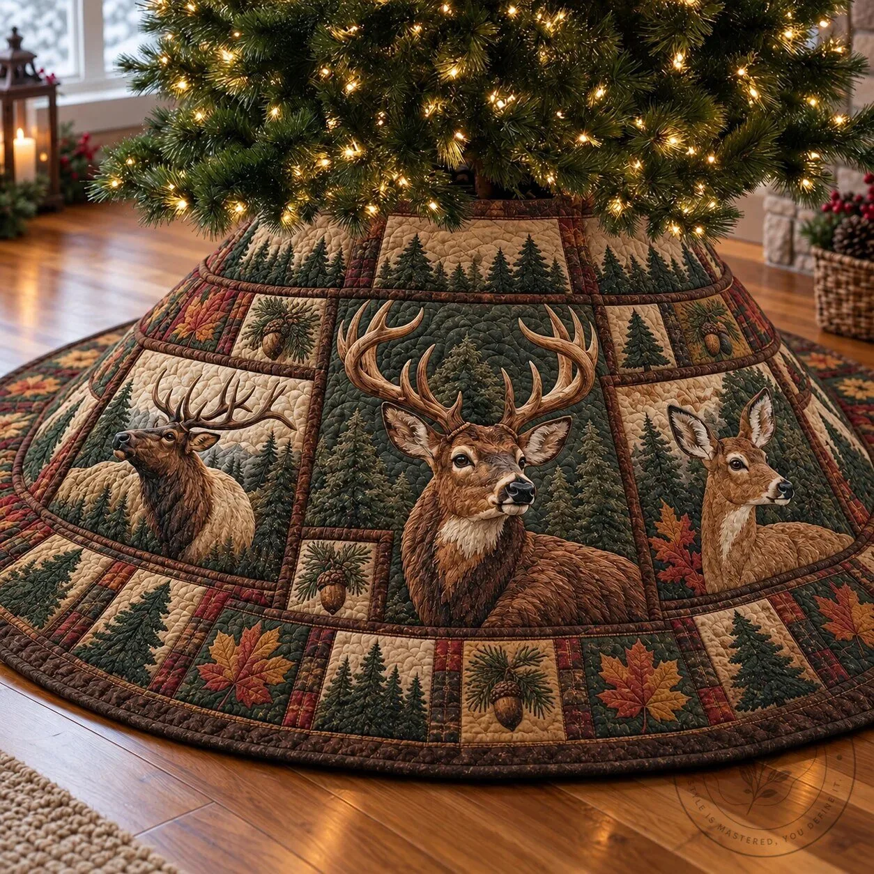 Rustic Deer Retreat Quilted Christmas Tree Skirt with Forest and Wildlife Design 5 Rustic Deer Retreat Quilted Christmas Tree Skirt with Forest and Wildlife Design