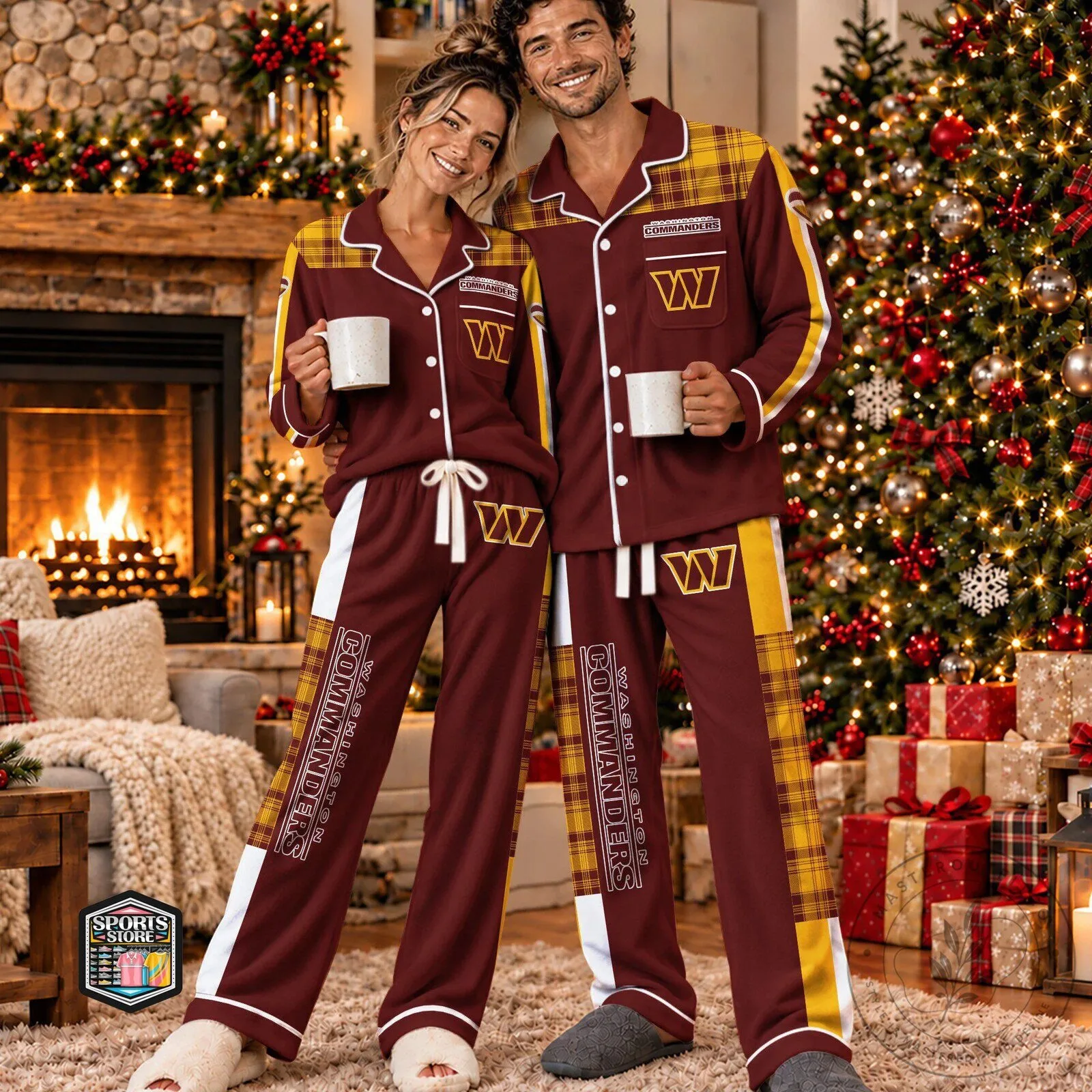 Washington Commanders Plaid Pattern Matching Couple Pajamas Set