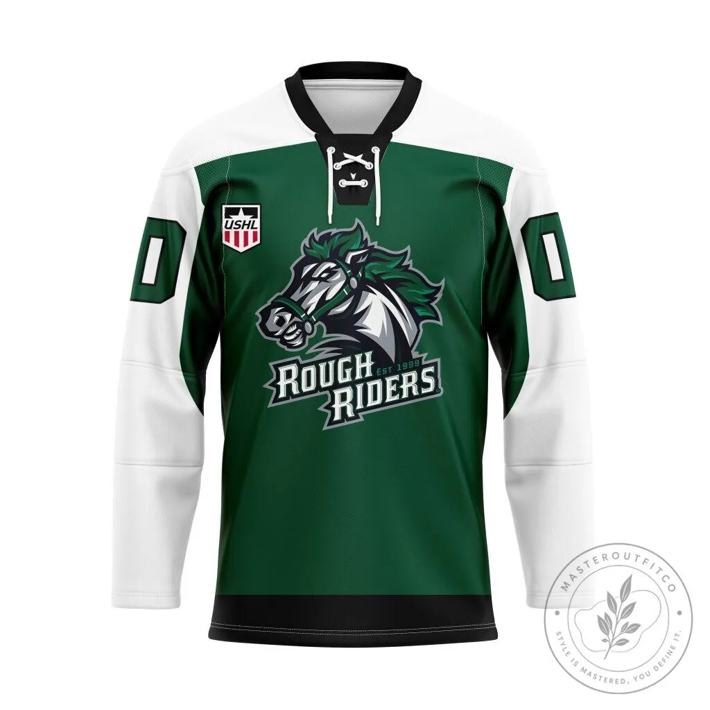 Cedar Rapids RoughRiders USHL Ice Hockey Team Green and White Fan Jersey 1 Cedar Rapids RoughRiders USHL Ice Hockey Team Green and White Fan Jersey