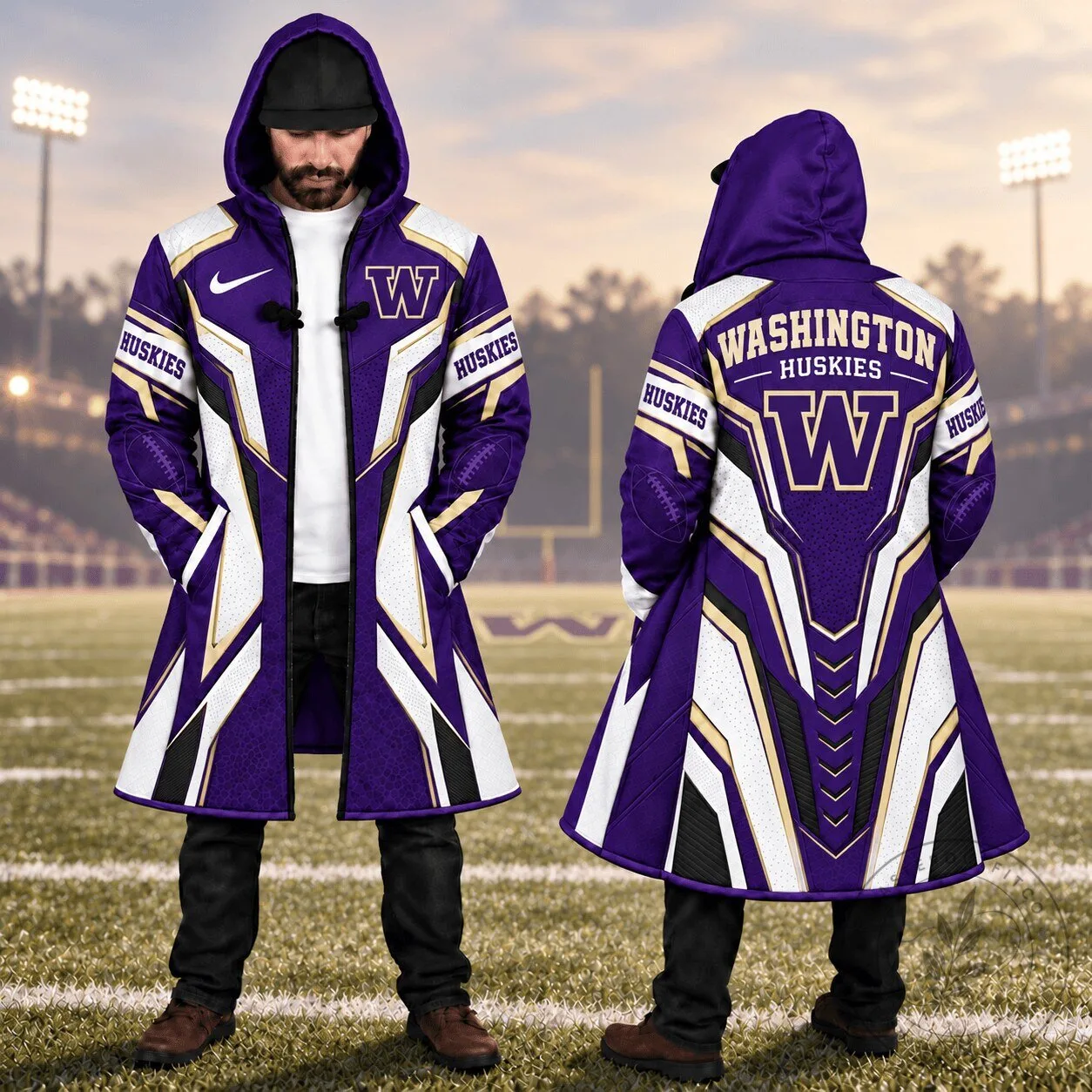 Washington Huskies Football Team Purple and Gold Design Longline Jacket 2 Washington Huskies Football Team Purple and Gold Design Longline Jacket