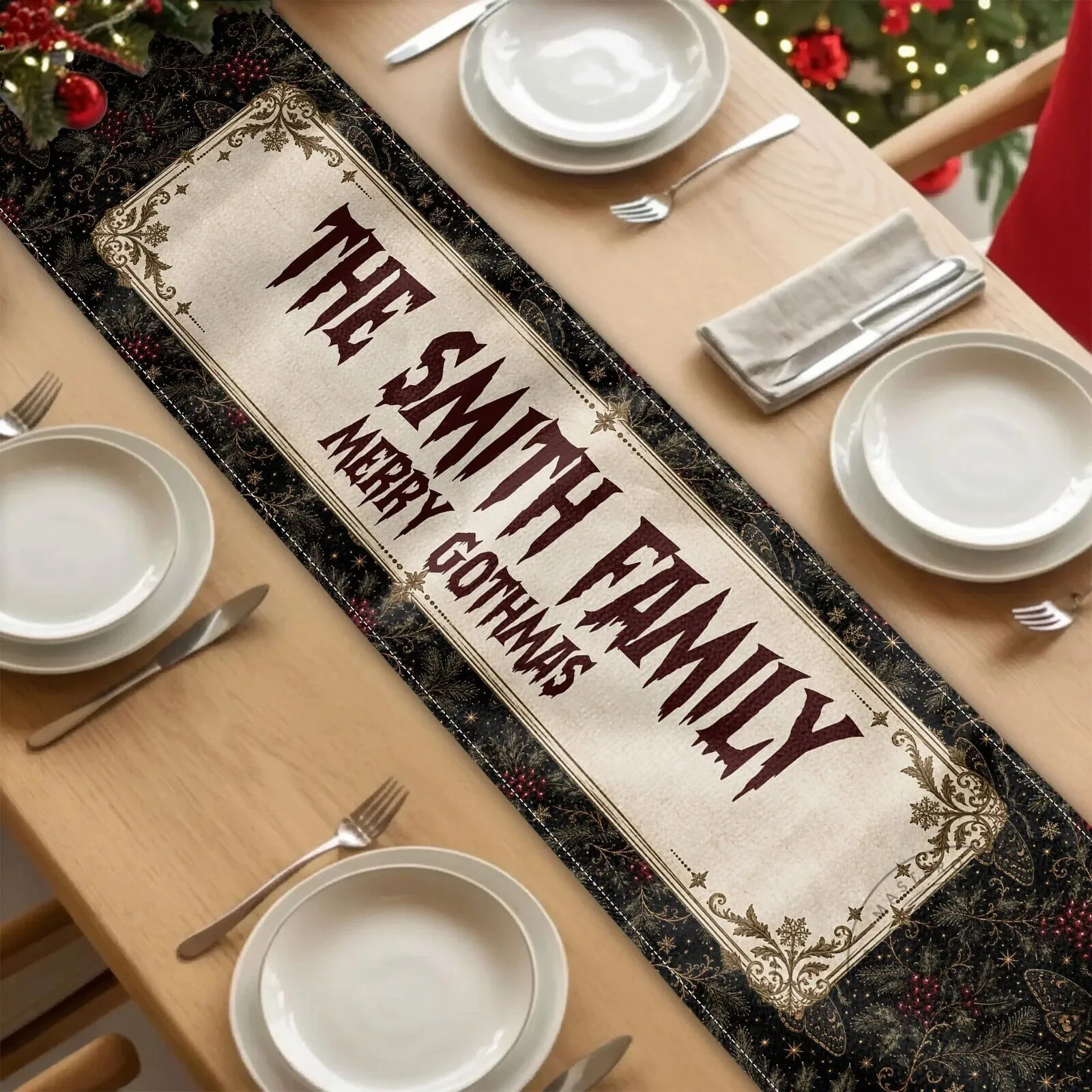 Gothic Christmas Family Personalized Table Runner, Merry Gothmas Home Decor