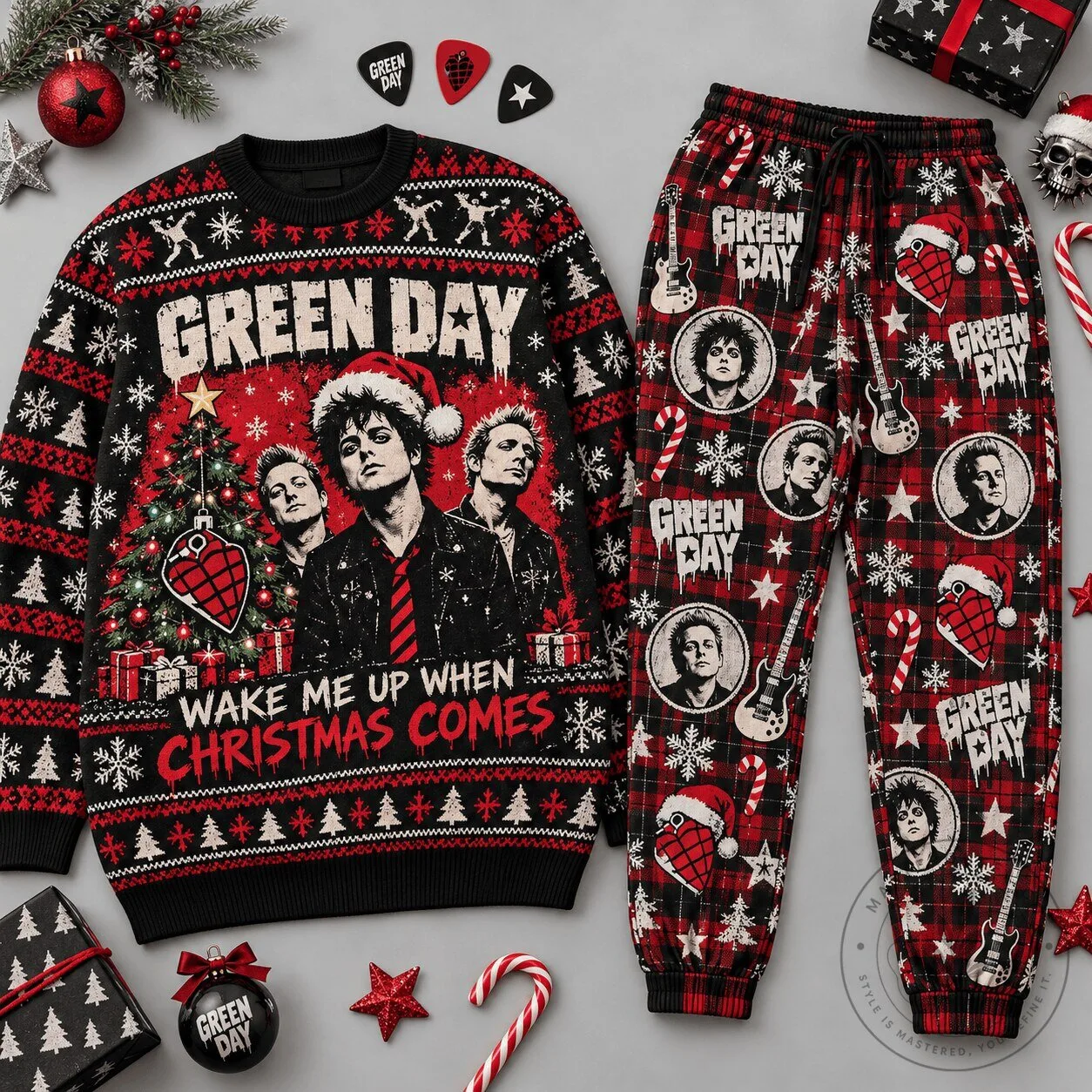 Green Day Wake Me Up When Christmas Comes Ugly Christmas Sweater and Jogger Pants Set 6 Green Day Wake Me Up When Christmas Comes Ugly Christmas Sweater and Jogger Pants Set