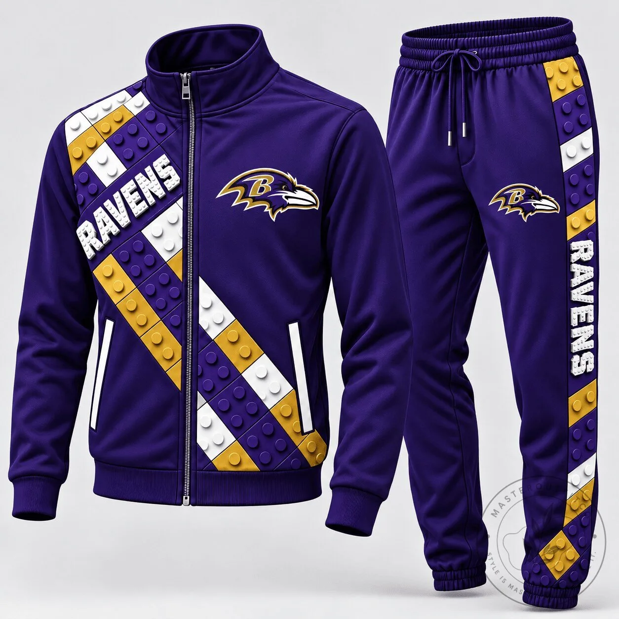 Baltimore Ravens NFL Team Logo Block Fusion Design Tracksuit Hoodie and Pants Set