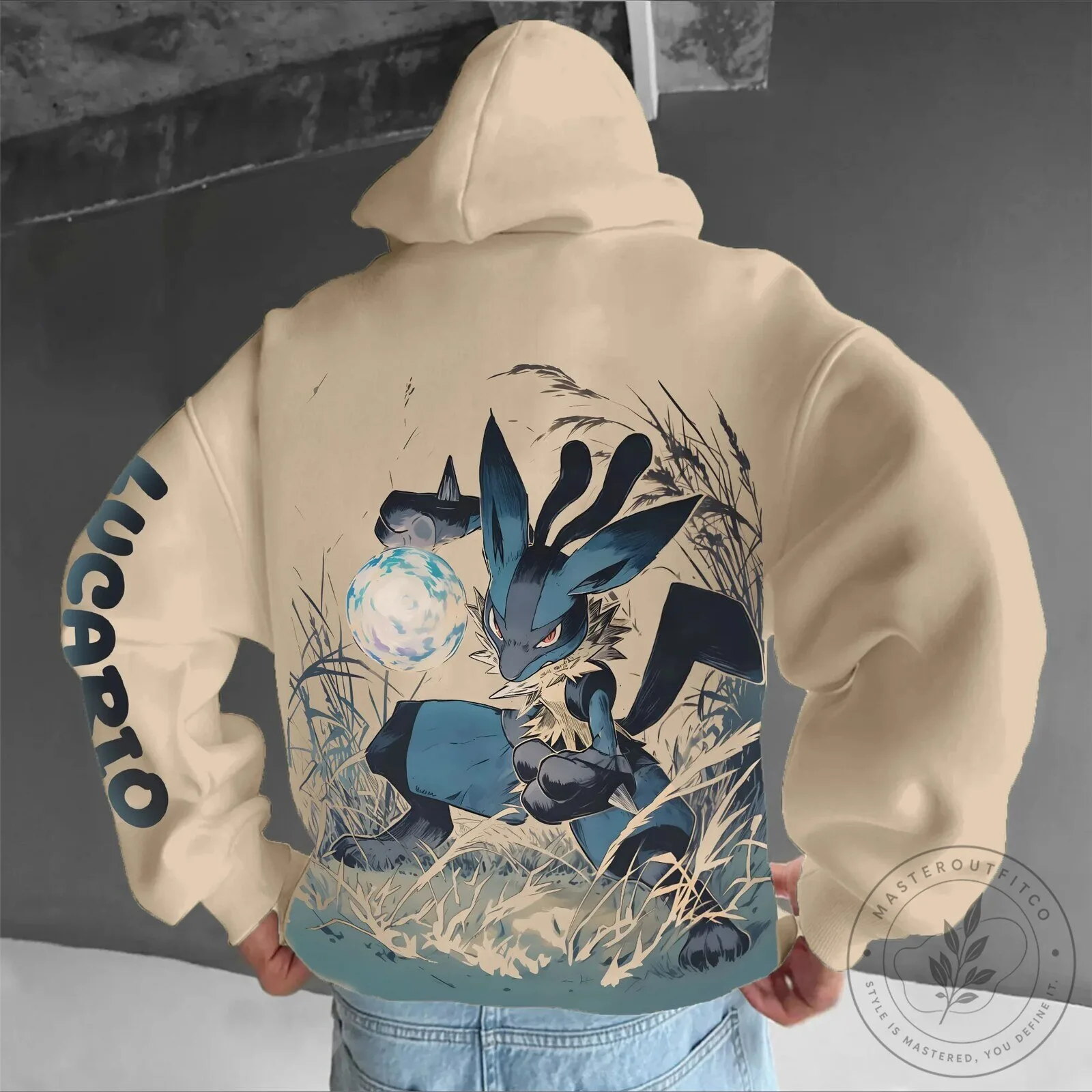 Pokemon Lucario Aura Sphere Attack Graphic Cream Unisex Hoodie