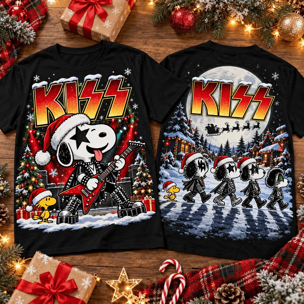 KISS Band Snoopy Christmas Winter Concert Abbey Road Walk T-Shirt