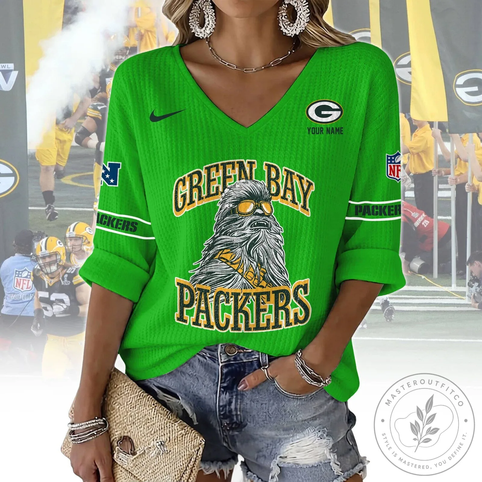 Green Bay Packers Chewbacca Star Wars Fan V-Neck Sweatshirt 9 Green Bay Packers Chewbacca Star Wars Fan V-Neck Sweatshirt