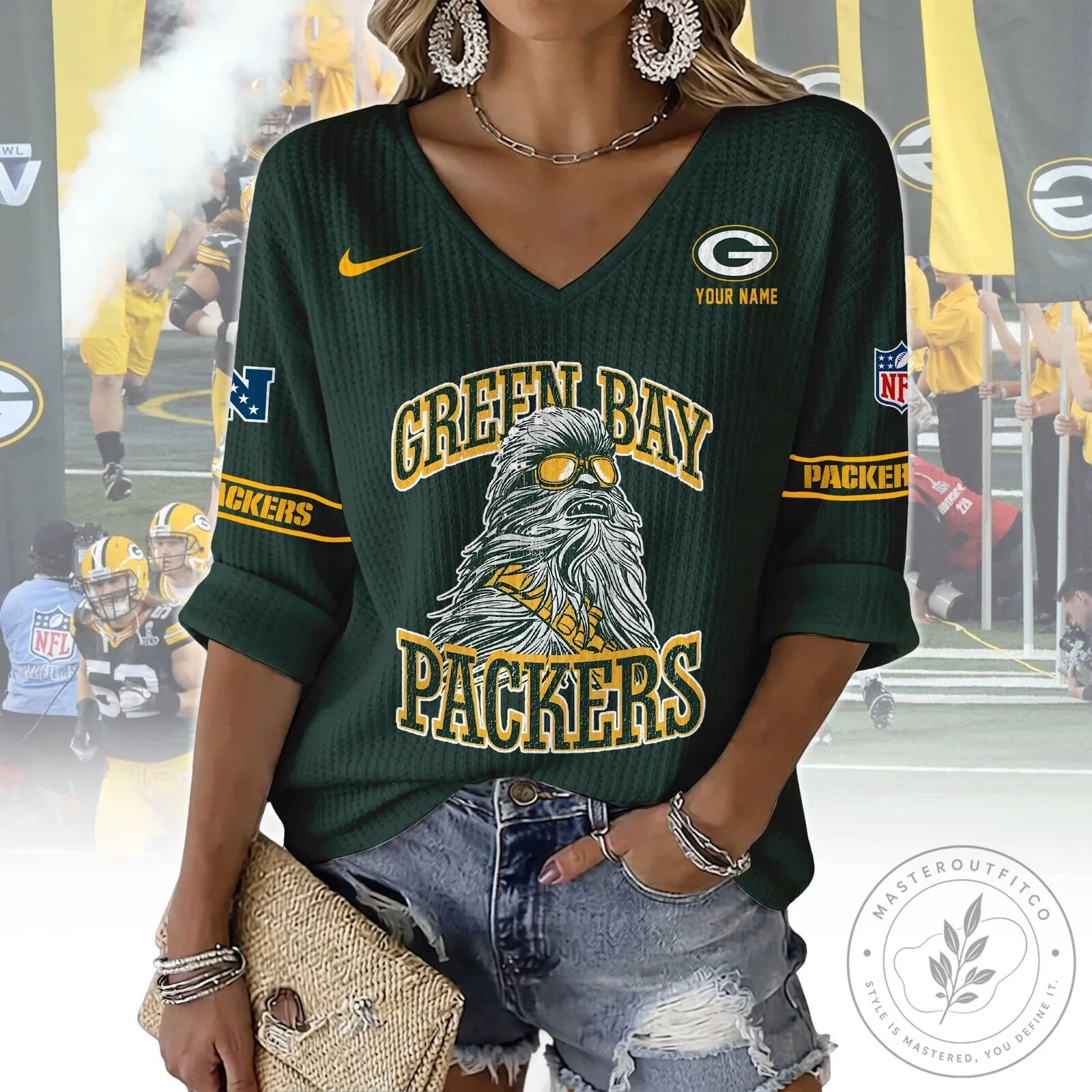Green Bay Packers Chewbacca Star Wars Fan V-Neck Sweatshirt 11 Green Bay Packers Chewbacca Star Wars Fan V-Neck Sweatshirt