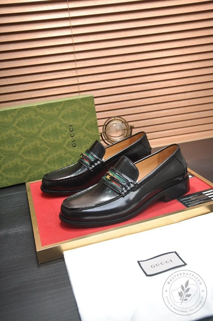 Gucci Black Leather Loafers with Web Stripe Detail for Men 1 Gucci Black Leather Loafers with Web Stripe Detail for Men