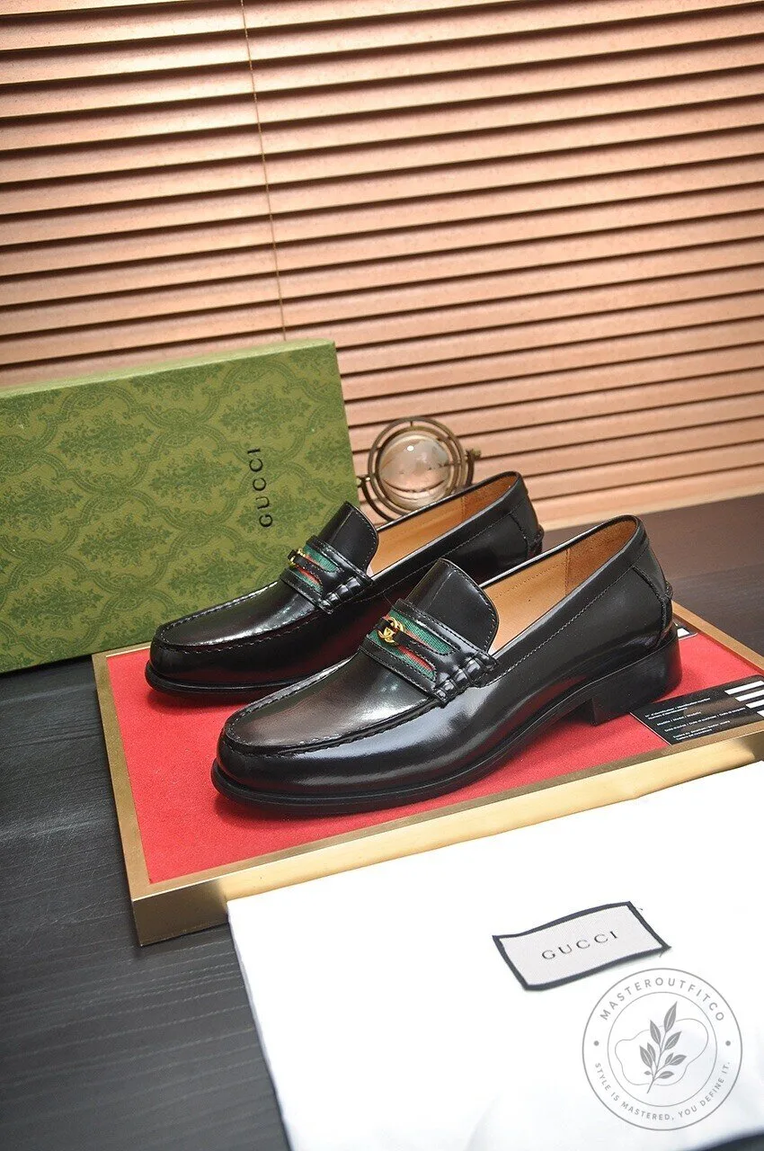 Gucci Black Leather Loafers with Web Stripe Detail for Men 1 Gucci Black Leather Loafers with Web Stripe Detail for Men