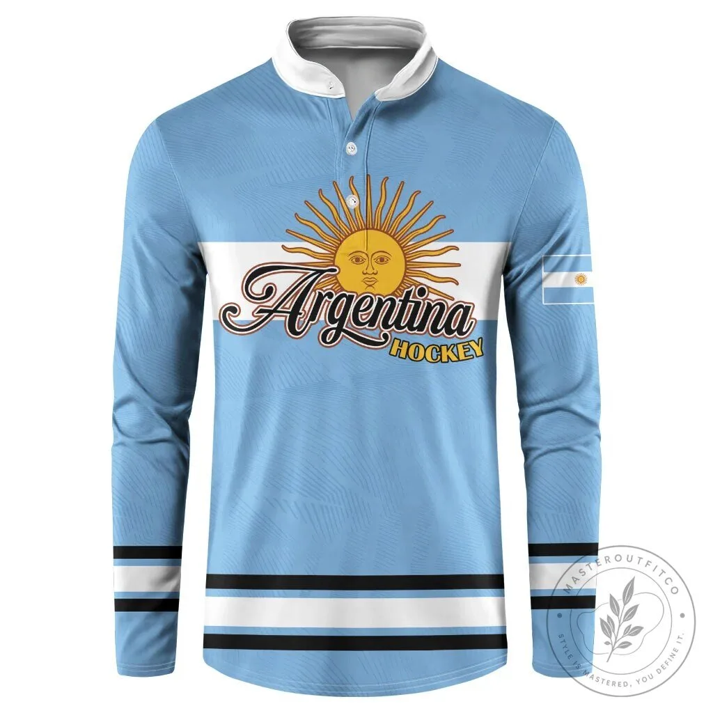 Long Sleeve Polo Shirt for Argentina Hockey Team - Sun of May Design 5 Long Sleeve Polo Shirt for Argentina Hockey Team - Sun of May Design