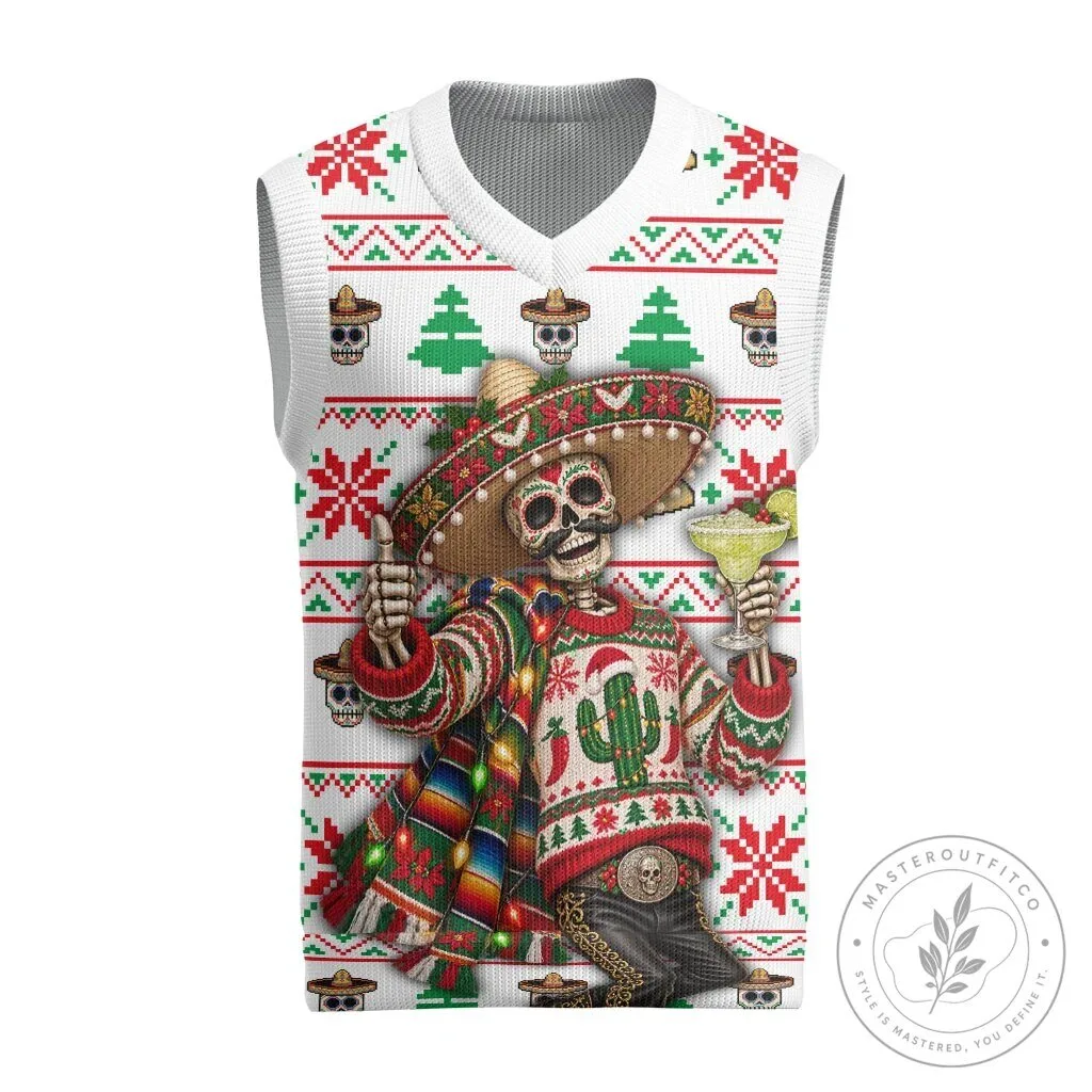 Mexico Christmas Knitted V-Neck Vest Ugly Fair Isle Fiesta Skeleton Sombrero Sweater