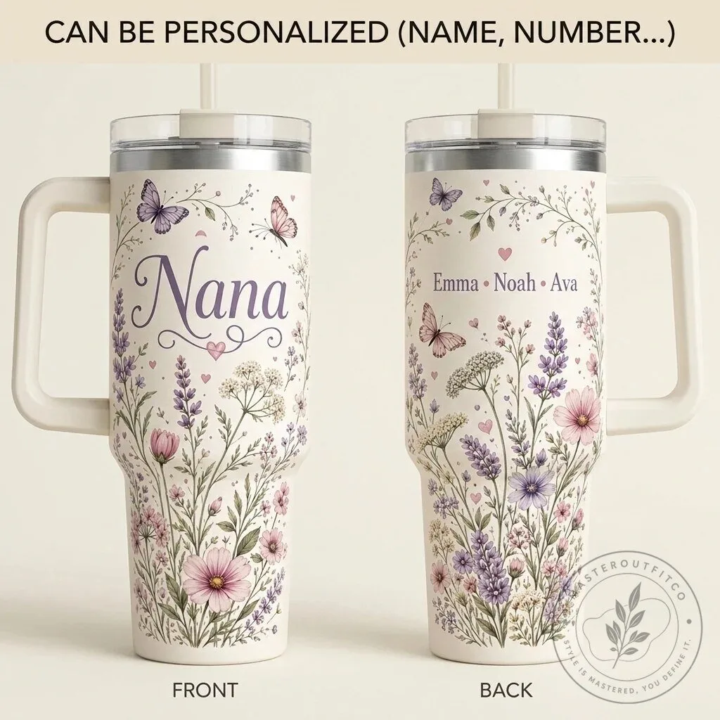 Personalized Nana's Garden Wildflower Butterfly Floral Tumbler with Handle 2 Personalized Nana's Garden Wildflower Butterfly Floral Tumbler with Handle