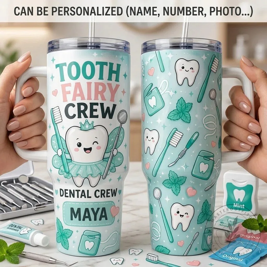 Personalized Tooth Fairy Crew Dental Hygienist Gift Tumbler with Handle