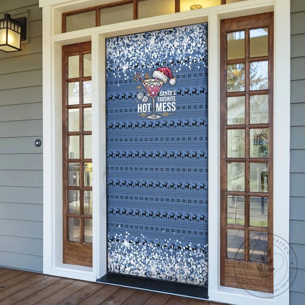 Santa's Favorite Hot Mess Cocktail Martini Glass Christmas Door Cover 10 Santa