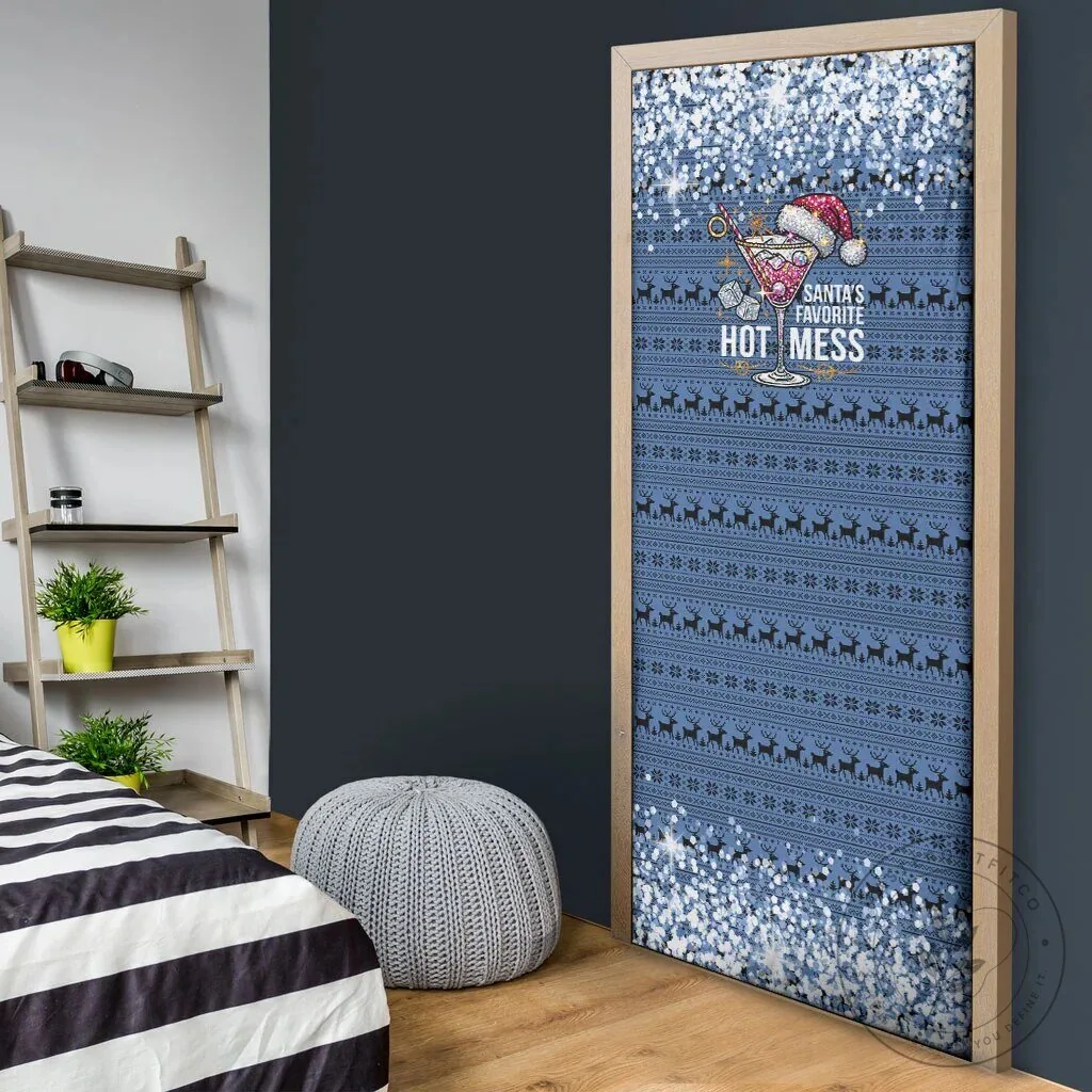 Santa's Favorite Hot Mess Cocktail Martini Glass Christmas Door Cover 11 Santa