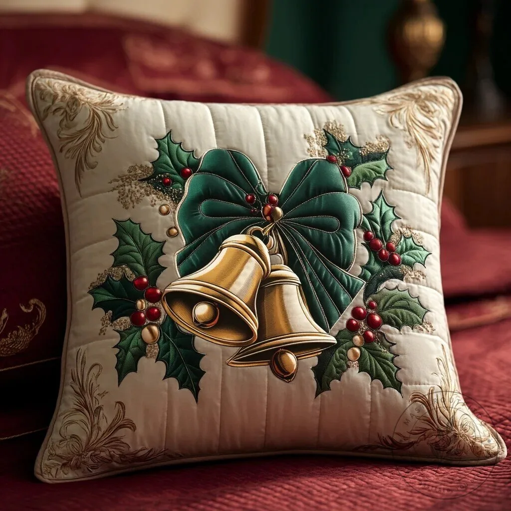 Christmas Holly and Bells Quilted Decorative Throw Pillow Cover