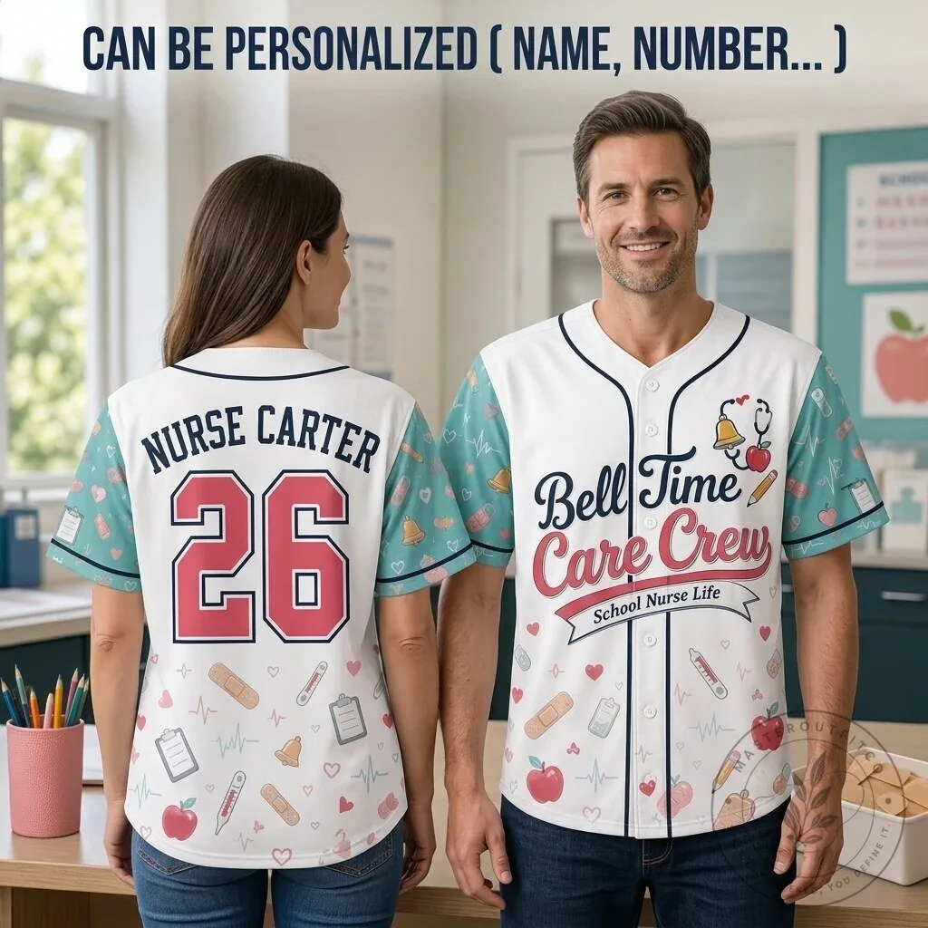 Personalized School Nurse Bell Time Care Crew Baseball Jersey