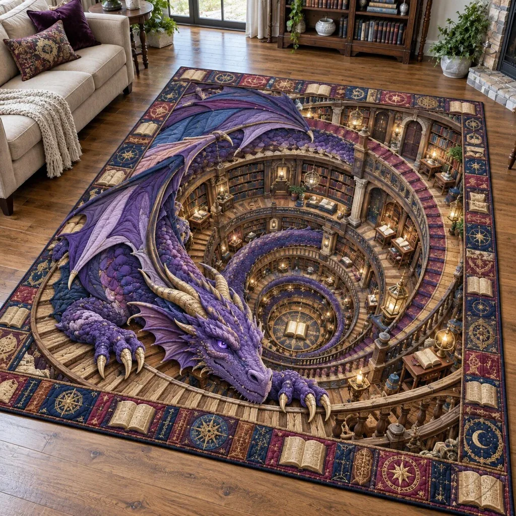 Purple Dragon Magic Library Fantasy Art Area Rug Purple Dragon Magic Library Fantasy Art Area Rug