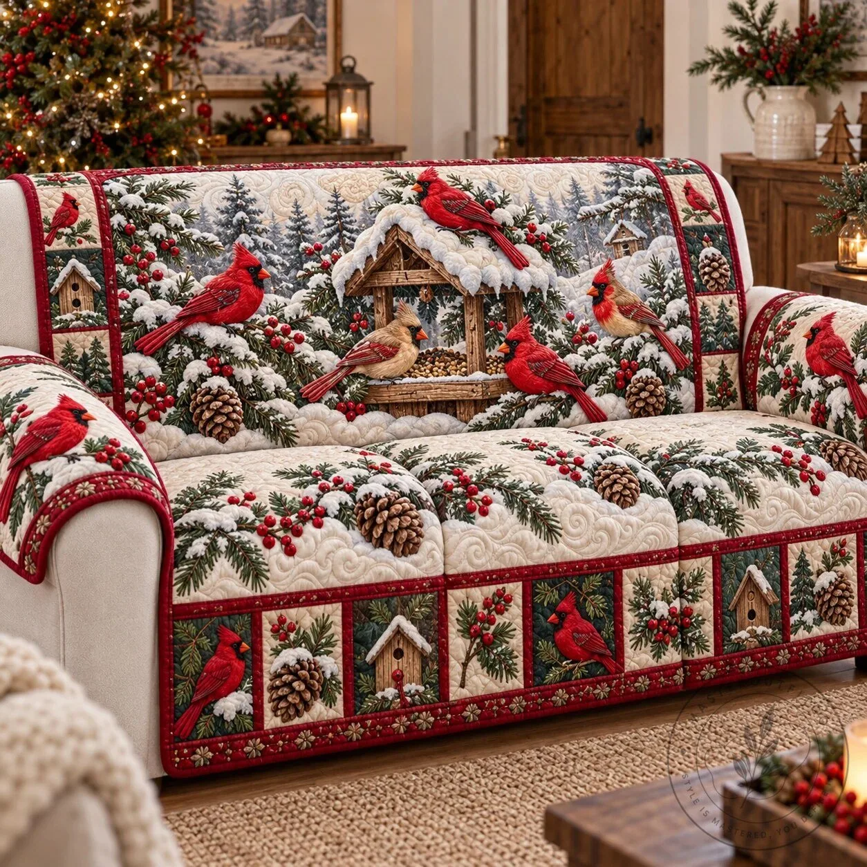 Winter Cardinal Birdhouse Quilted Sofa Cover Protector