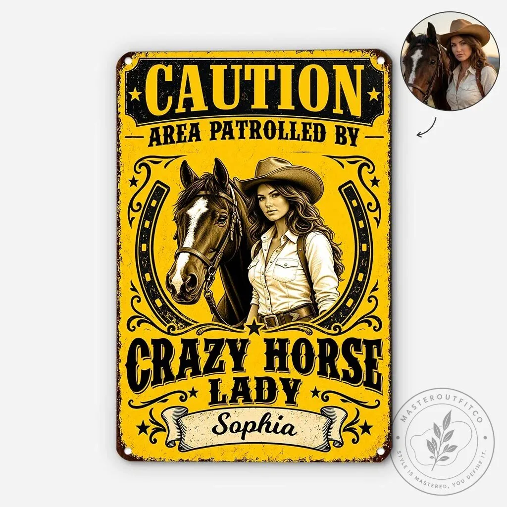 Personalized Crazy Horse Lady Metal Sign for Horse Lovers, Custom Cowgirl Decor