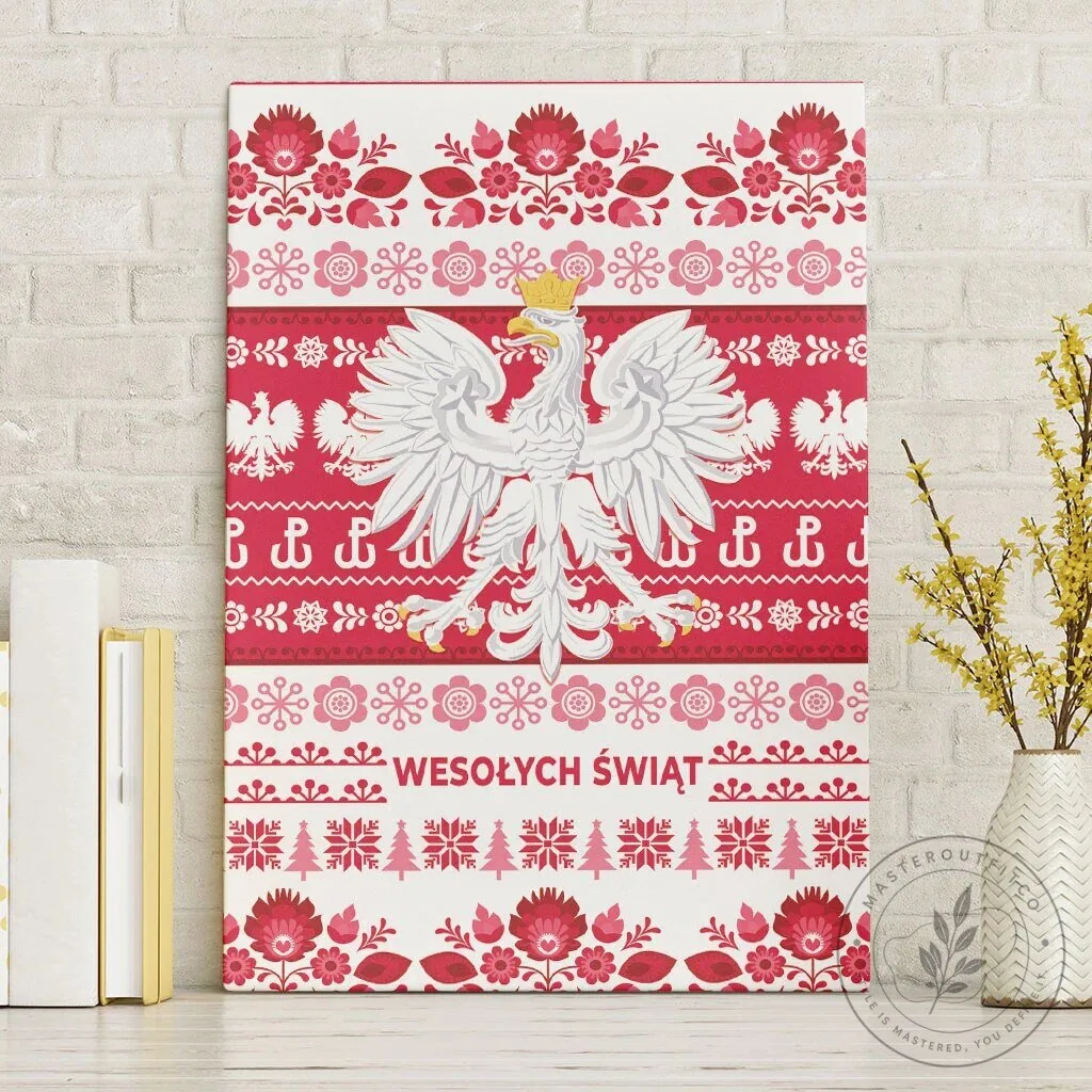 Polish Christmas White Eagle Wesołych Świąt Traditional Folk Art Canvas Wall Art